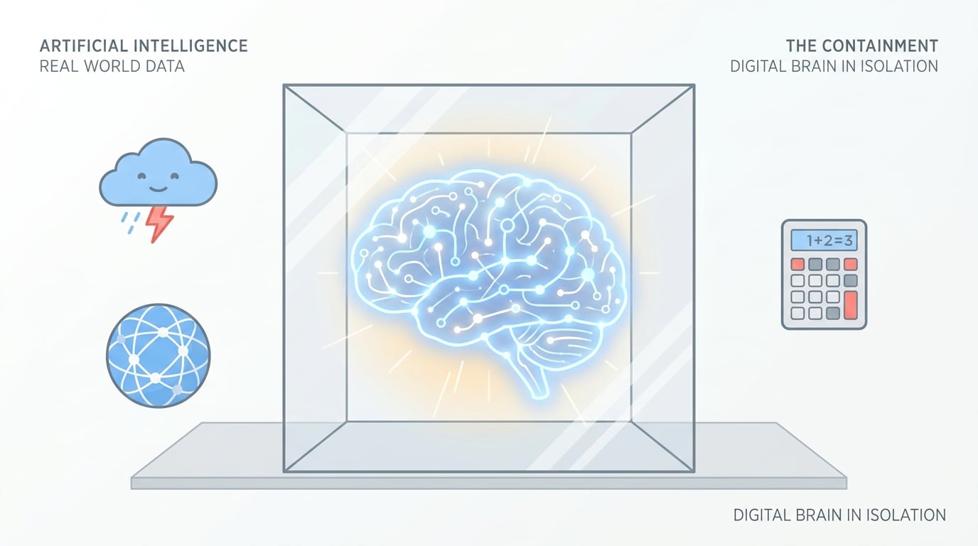 A minimalist, academic vector illustration of a glowing AI brain locked inside a transparent glass box. Outside the box are icons representing the real world: a weather cloud, a globe for the live internet, and a math calculator. Soft pastel colors, accent red, clean white background, educational technology concept.